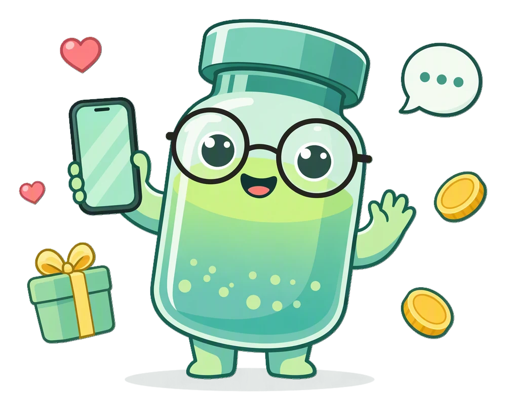 Blorb, la mascota de Peptides Academy, sostiene un teléfono rodeado de corazones, un regalo y monedas