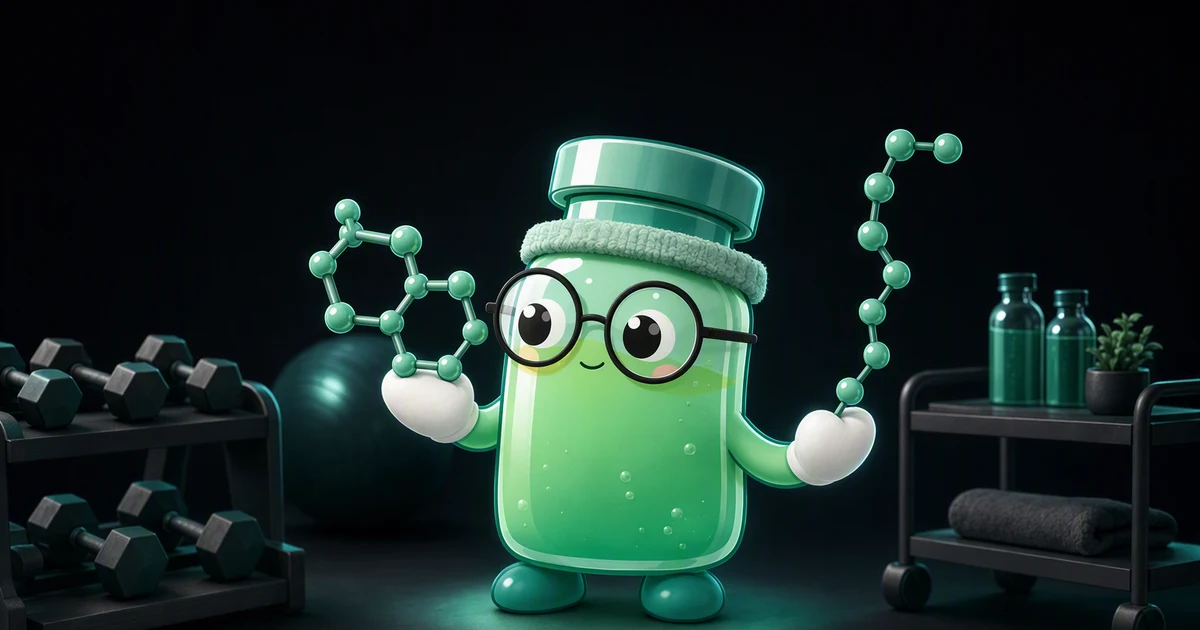La mascota frasco de péptidos con una cinta mint en la cabeza, en un gimnasio luminoso, sosteniendo un modelo molecular de anillos en una mano y una cadena de esferas en la otra