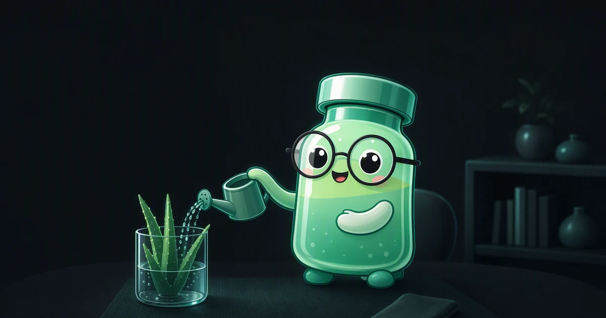 O mascote da Peptides Academy rega um copo com uma planta de aloe
