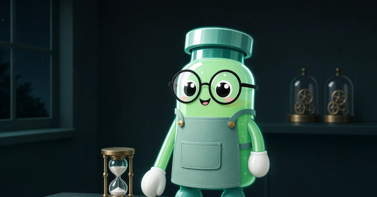 Peptide vial mascot as a watchmaker in a mint apron standing at a pale workbench, one mitten hand resting on the bench beside a small brass hourglass, both arms attached and hanging at his sides