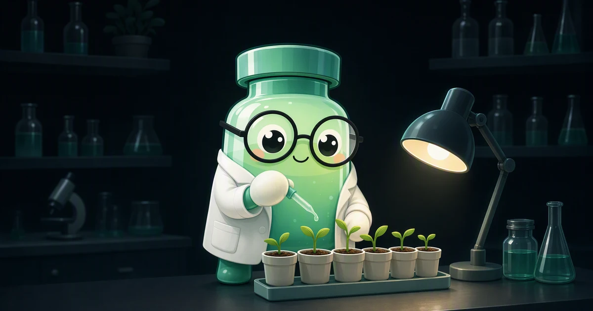 Peptide mascot in a white lab coat tending a row of small potted sprouts on a laboratory bench under a warm lamp, in a softly blurred mint and sage lab