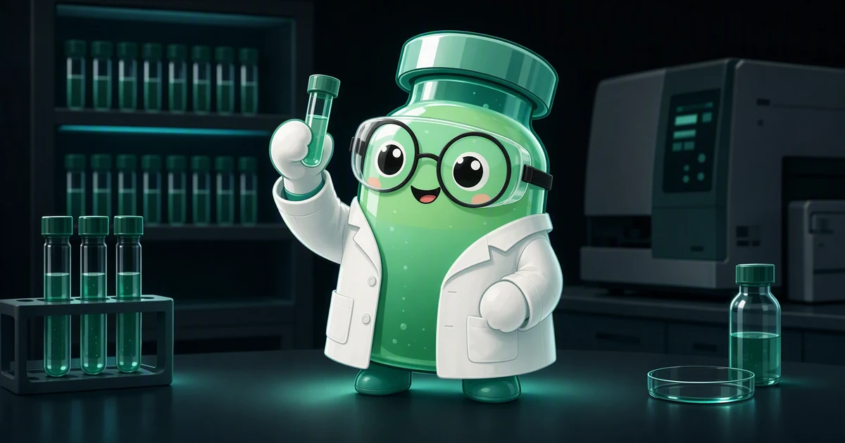 Peptide mascot in a laboratory coat beside a rack of sample tubes and an analytical instrument