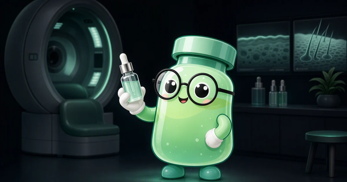 O mascote peptídeo numa clínica dermatológica examinando um frasco conta-gotas de sérum sob uma lupa, com imagens de análise de pele desfocadas ao fundo