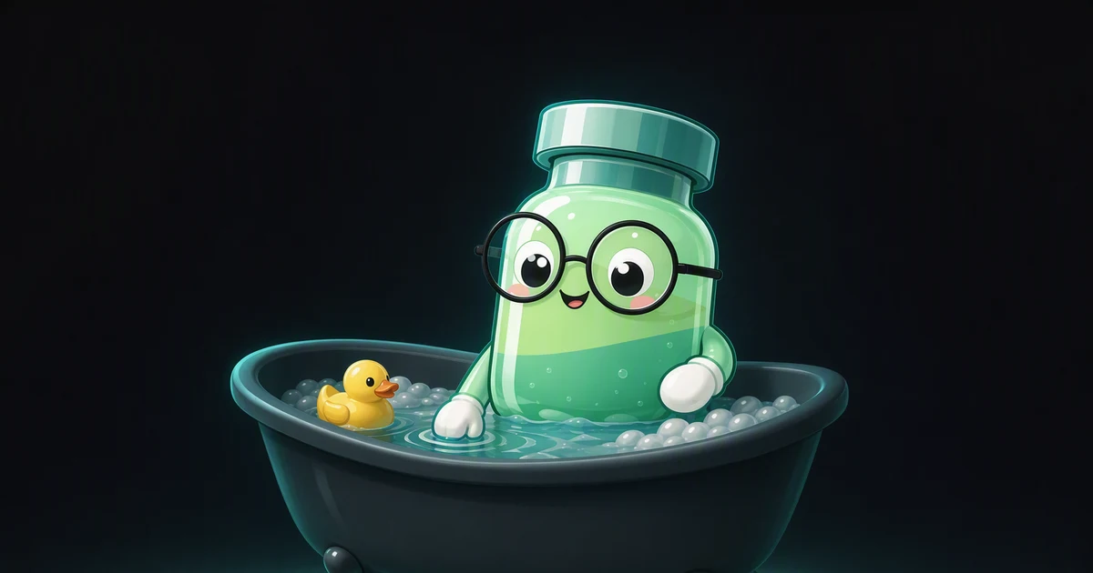 Mascota de Peptides Academy relajándose felizmente en una bañera con burbujas y un patito de goma
