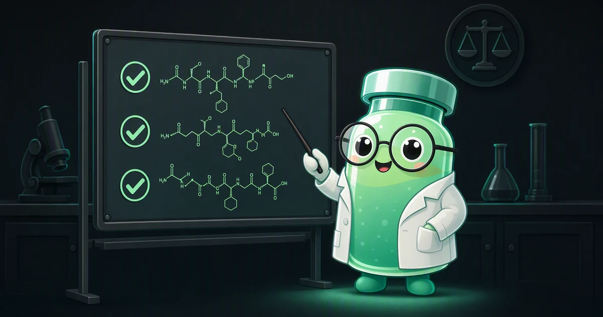 Illustration of the Peptides Academy vial mascot in an FDA lab coat pointing at a whiteboard that lists BPC-157, TB-500 and KPV with green checkmarks beside their molecular structures, under an FDA logo and a scales-of-justice icon