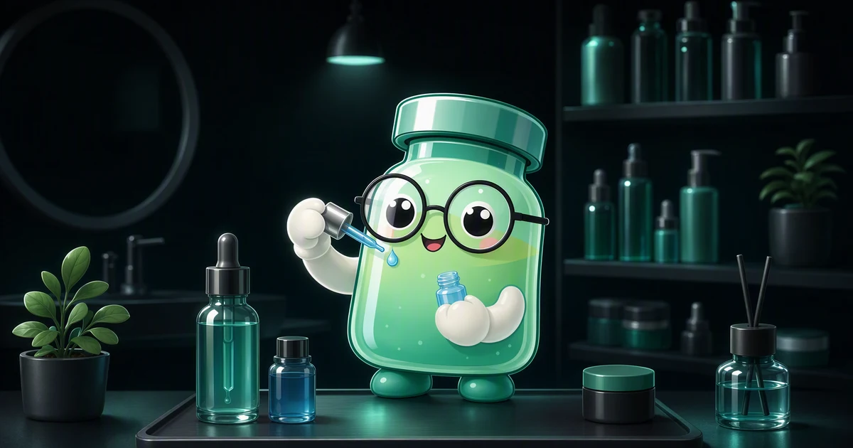 Constructor de protocolo con GHK-Cu: mascota de vial de péptido con frascos de skincare sobre una bandeja de madera