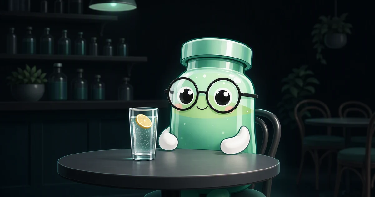 La mascota frasco de péptidos sentada en la mesa de un café luminoso con un vaso sin tocar delante, en una sala en tonos menta y salvia desenfocada