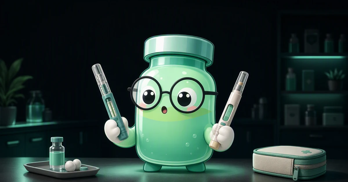 Herramienta comparativa GLP-1: mascota de vial de péptido leyendo un libro con tarjetas