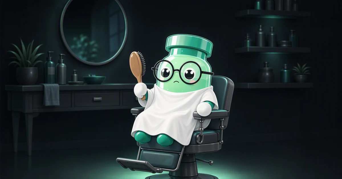 La mascota de péptidos sentada en un sillón de barbería mirando un cepillo de pelo que sostiene, con una barbería en tonos menta y salvia desenfocada al fondo