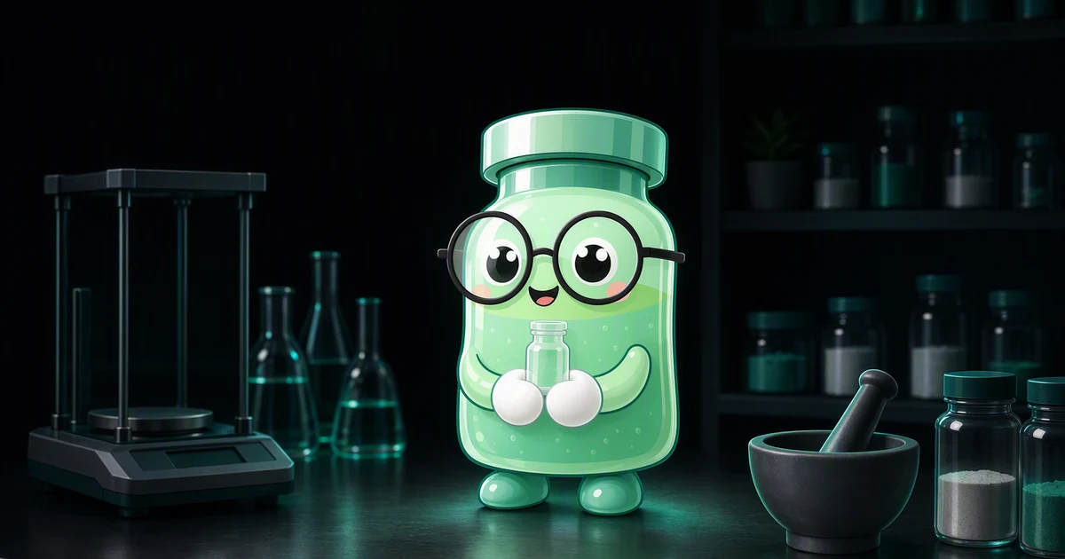 La mascota frasco de péptidos sosteniendo un pequeño vial transparente con las dos manos sobre una mesa de preparación de farmacia de acero inoxidable