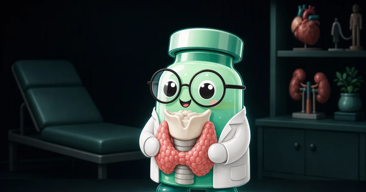 Peptide mascot in a white coat cradling an anatomical model of a thyroid gland in both hands, with a softly blurred endocrinology clinic behind him