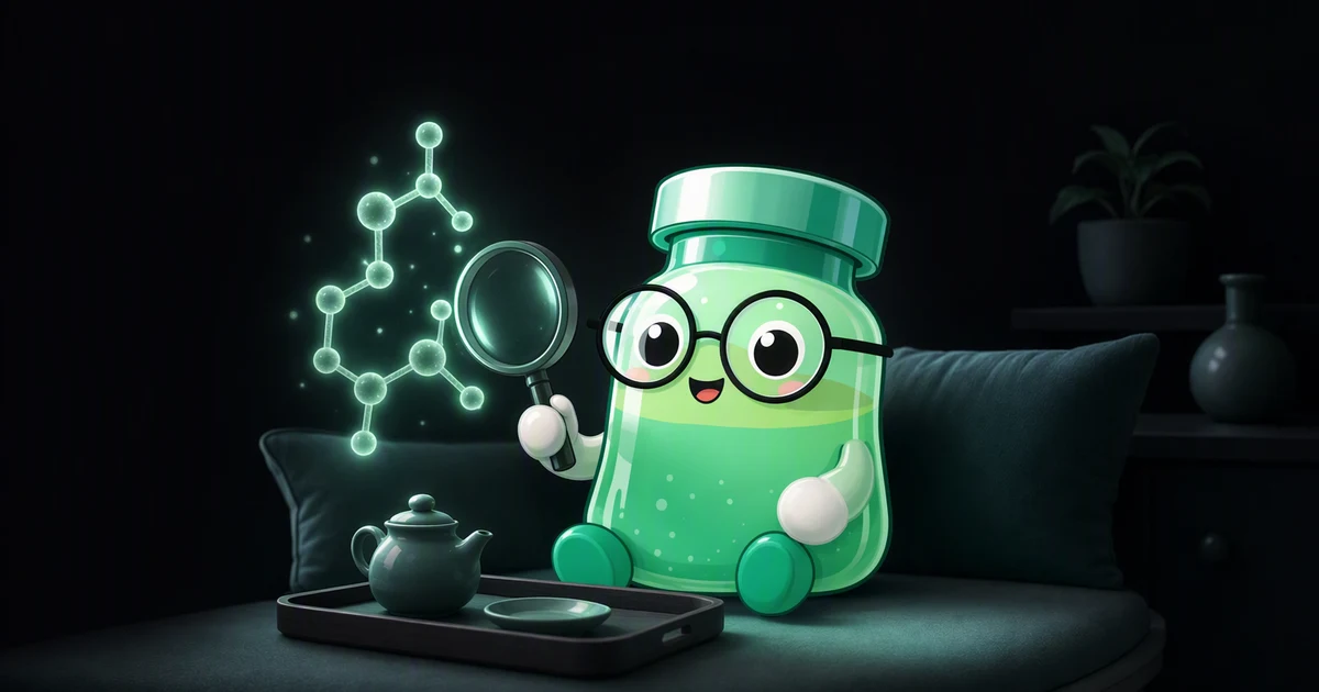 Mascota de Peptides Academy examinando una molécula de azúcar brillante que ilustra la glicación del colágeno en la piel