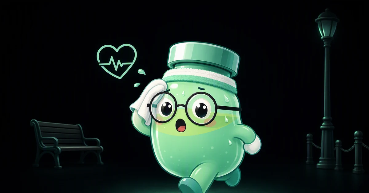 La mascota Blorb sin aliento después del cardio intenso, secándose el sudor de la frente