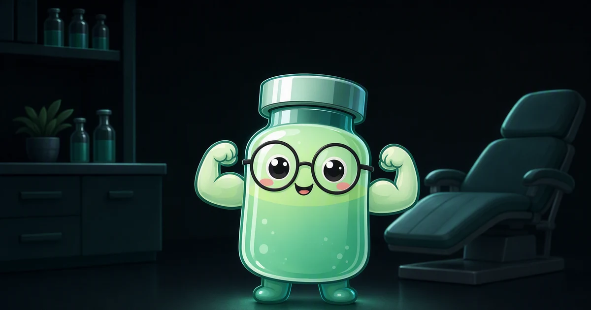 La mascota de Peptides Academy flexionando brazos musculosos junto a un vaso de precipitados, ilustrando cómo la toxina botulínica relaja el músculo