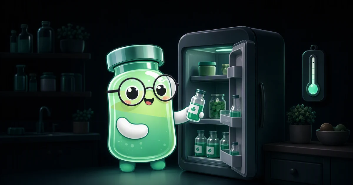 Guía de almacenamiento de péptidos con un vial junto a un termómetro de refrigerador