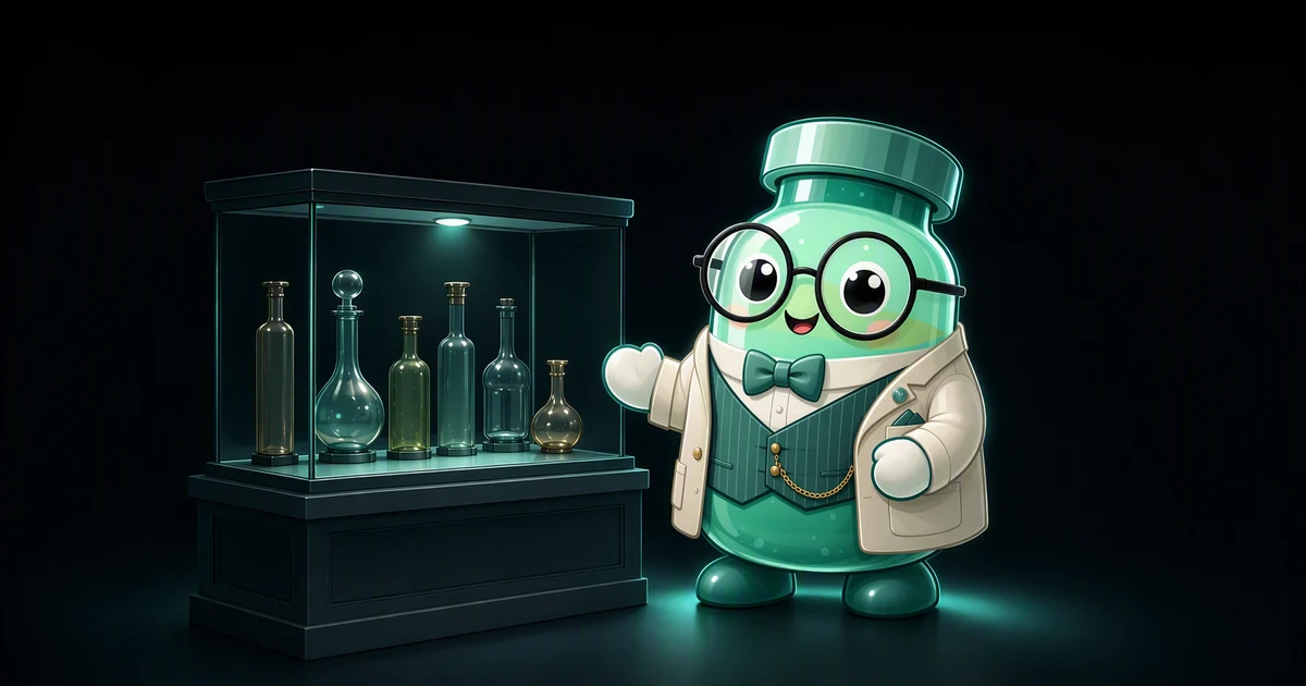 La mascota frasco de péptidos vestida de conservadora de museo junto a una vitrina iluminada con frascos de laboratorio antiguos, en una galería luminosa