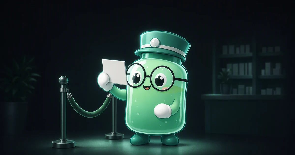 La mascota frasco de péptidos vestida de portero con gorra color menta, de pie junto a un cordón de terciopelo en la entrada de una farmacia y sosteniendo un documento de identidad en blanco, con estanterías de cajas de medicamentos blancas desenfocadas al fondo