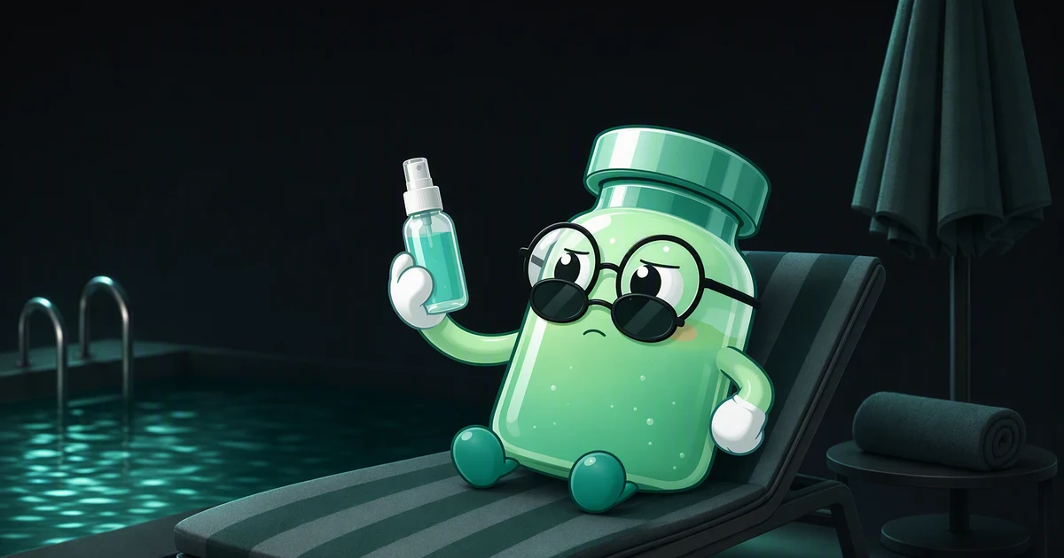 Peptide vial mascot in round sunglasses on a striped sun lounger by a bright poolside terrace, holding a small unlabelled spray bottle at arm's length and eyeing it warily
