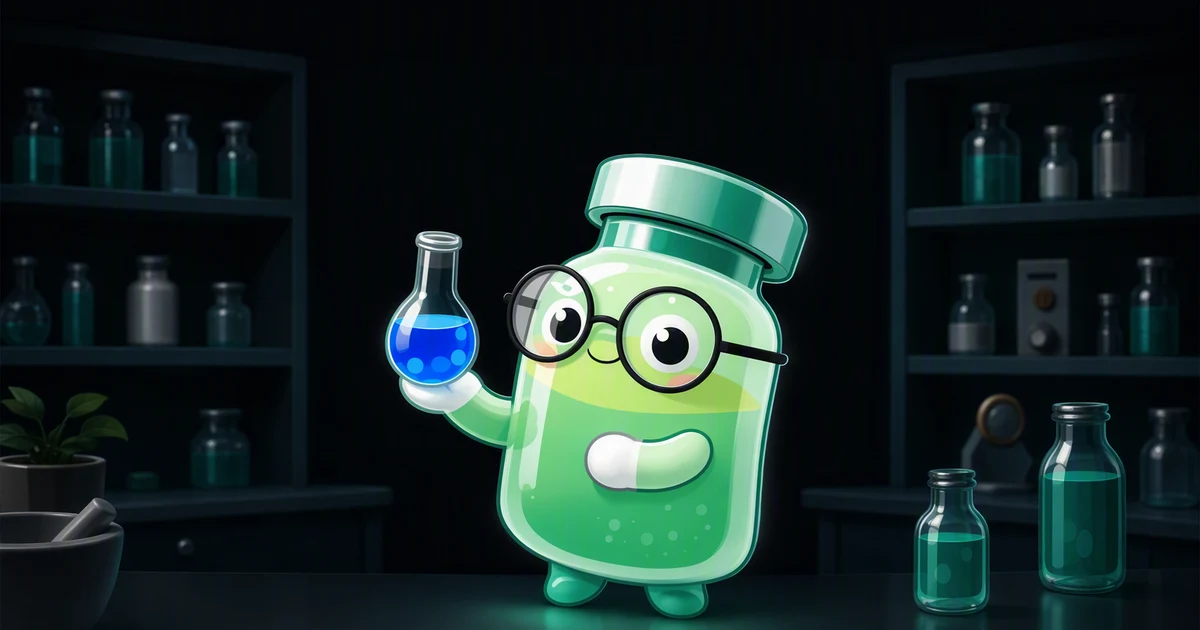 Mascota de vial de péptido con lentes redondos sosteniendo un matraz de laboratorio lleno de líquido azul brillante