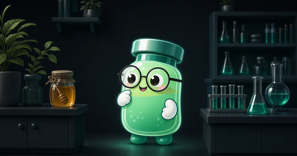 Mascota de Peptides Academy con un vial y estructuras moleculares, que representan péptidos naturales y sintéticos