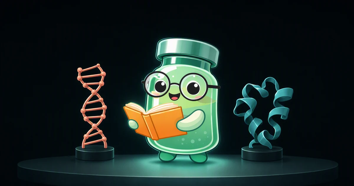 PDRN vs GHK-Cu comparison: peptide vial mascot examining a salmon-derived DNA strand and a copper peptide ribbon on a clean studio surface