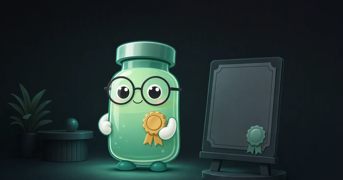 Peptide vial mascot holding a ticked checklist in front of a bulletin board of blank flyers and a certificate