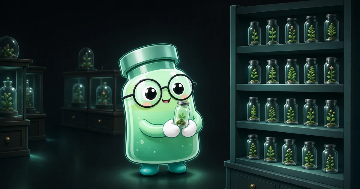 Peptide vial mascot in a museum collections hall, holding one glass specimen jar in front of a tall shelf of jars