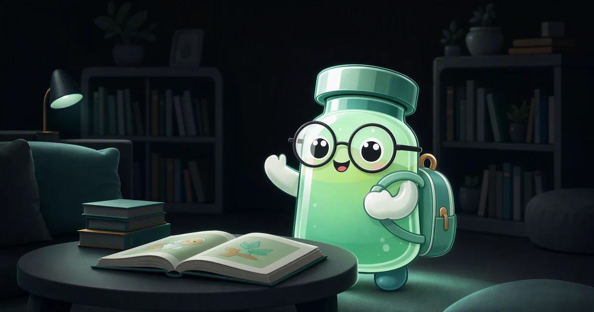 Peptide education for beginners: friendly peptide vial mascot waving hello with an open beginner notebook