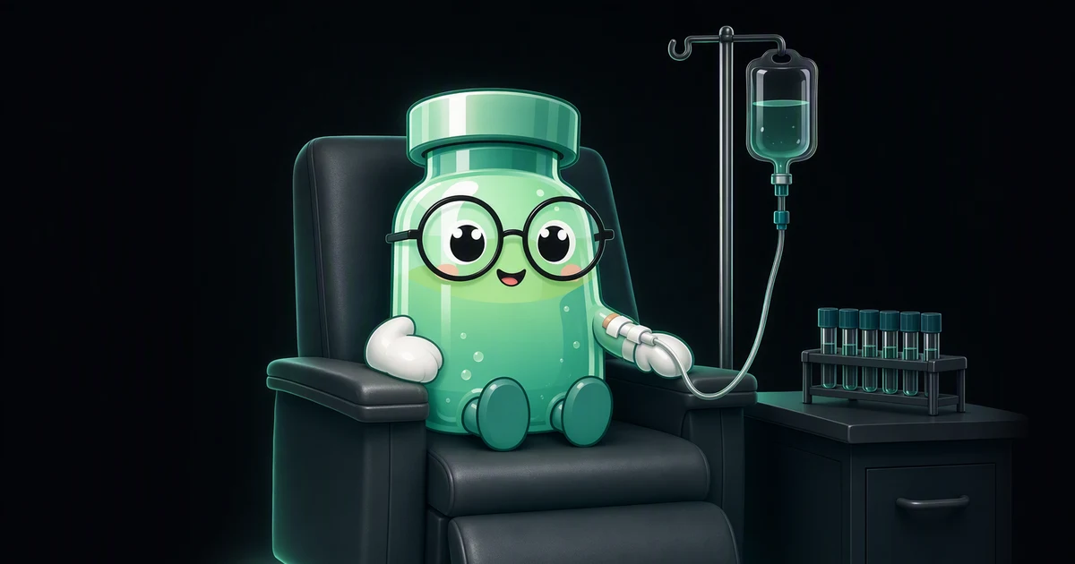 La mascota frasco de péptidos con gafas redondas sentada en un sillón clínico de color menta en una sala de infusión luminosa, con una mano de manopla sobre una vía intravenosa y una gradilla de tubos de muestra vacíos en la mesa de al lado