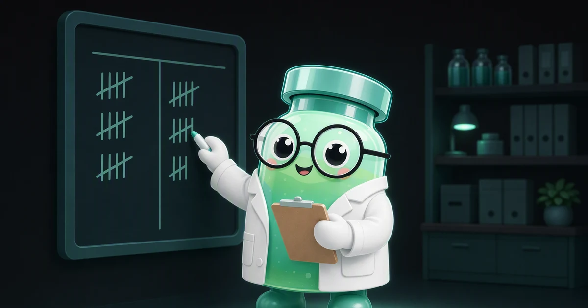 Peptide mascot in a white coat at a clipboard, tallying marks in two columns on a wall chart in a softly blurred mint and sage clinic room