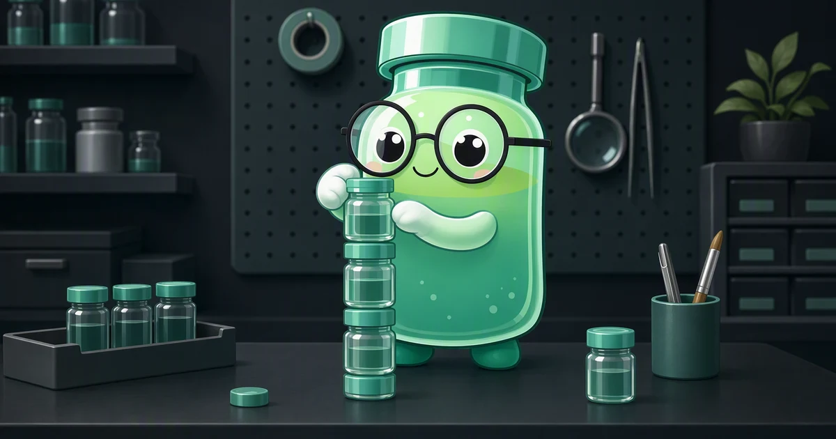 Constructor de stacks de péptidos: mascota de vial de péptido sobre bloques de colores apilados