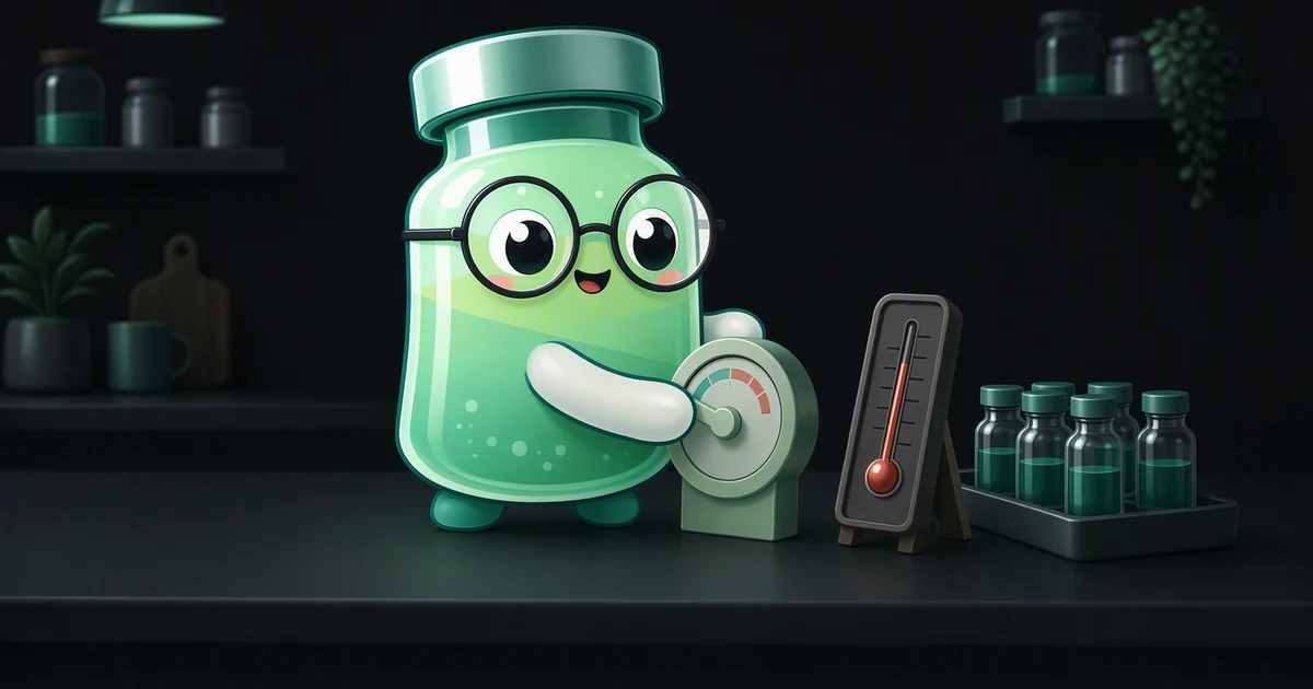 Calculadora de almacenamiento de péptidos: mascota de vial de péptido junto a un minirrefrigerador con termómetro