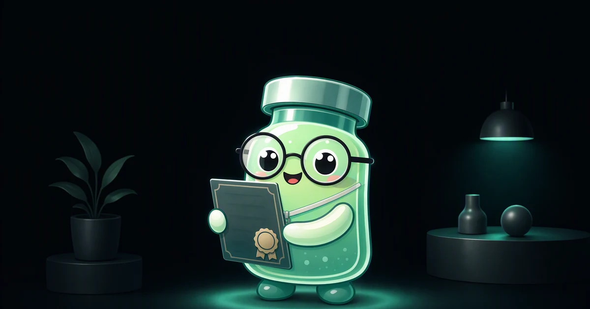 Peptide vial mascot with a blank conference badge, a phone and a notebook in the aisle of a mint lecture hall