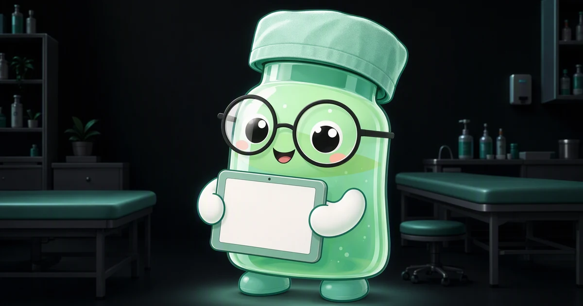 Peptide vial mascot in a scrub cap holding a blank tablet in a clinical training classroom