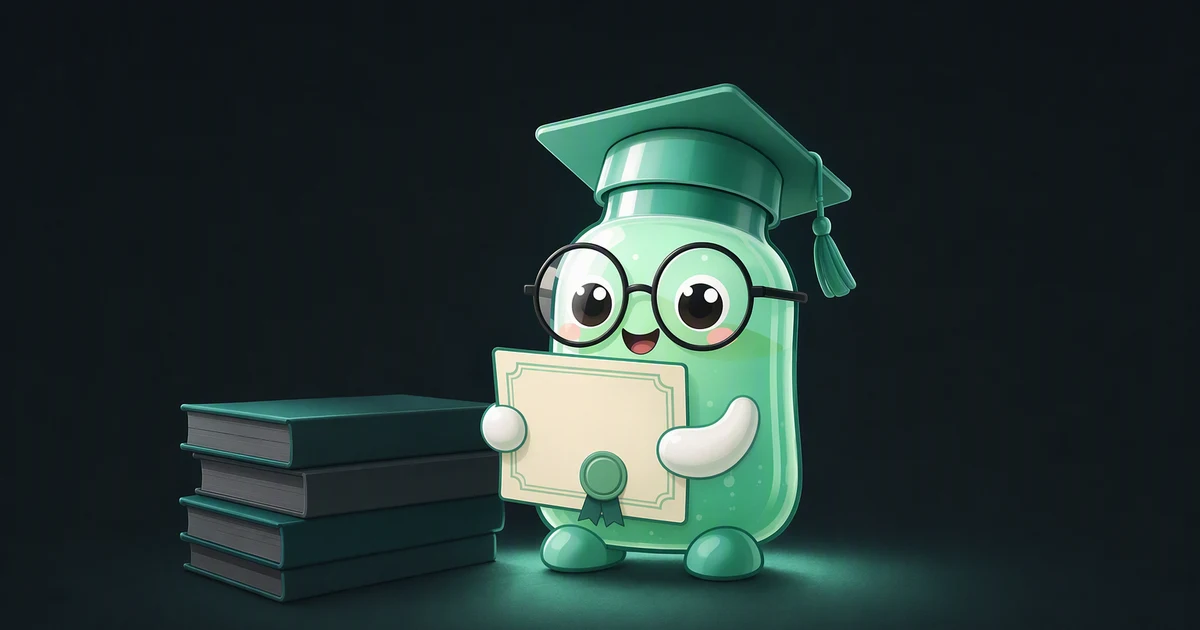 Peptide vial mascot in a graduation cap holding a phone beside a stack of books in a university library