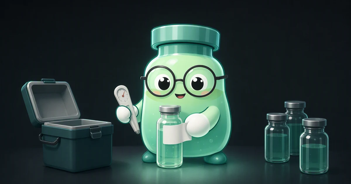Peptide vial mascot in round glasses at a pharmacy stockroom bench, pressing a blank label onto a small vial and holding a dial thermometer beside an open insulated cooler