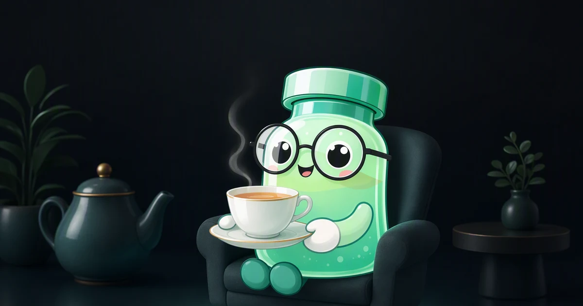 Analizador de té diurético: la mascota vial de péptido descansa en una silla con una taza de té