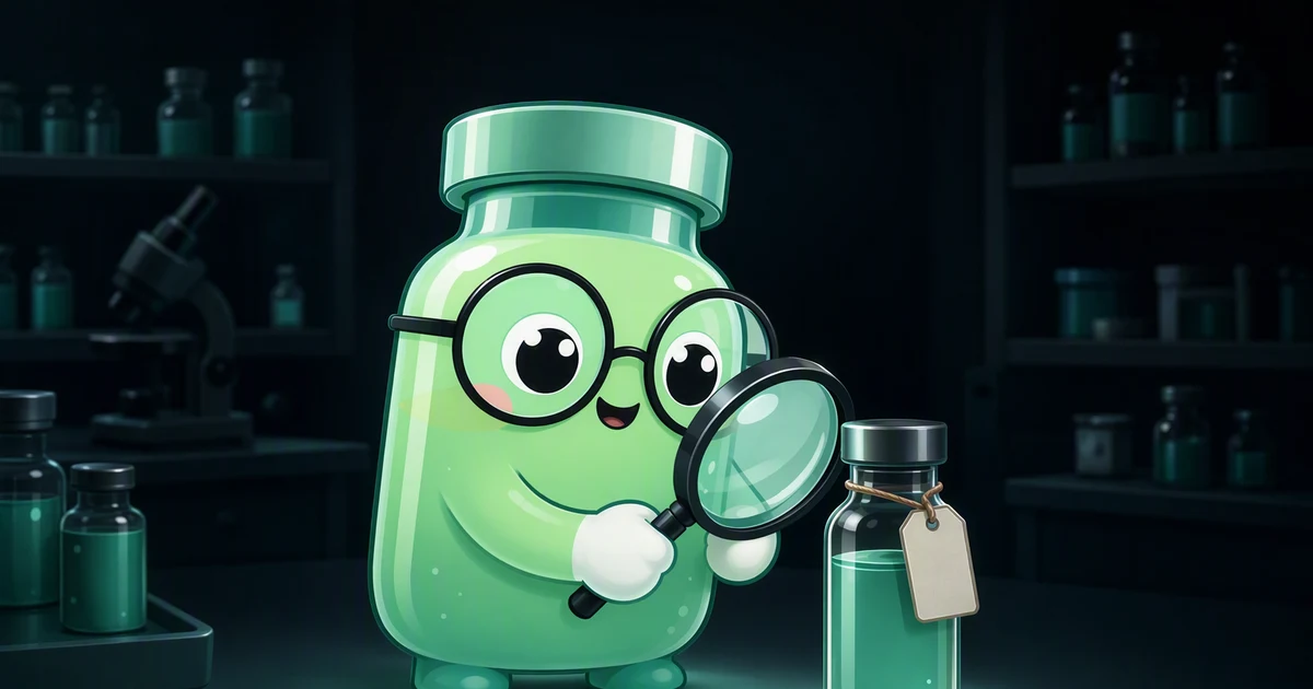 O mascote frasco de peptídeos inspecionando dois frascos lado a lado, um lacrado e rotulado, o outro turvo e sem rótulo
