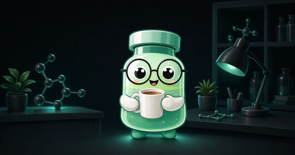 Guía de agentes de vigilia y alternativas peptídicas -- mascota vial de péptido con una taza de café alerta junto a diagramas moleculares