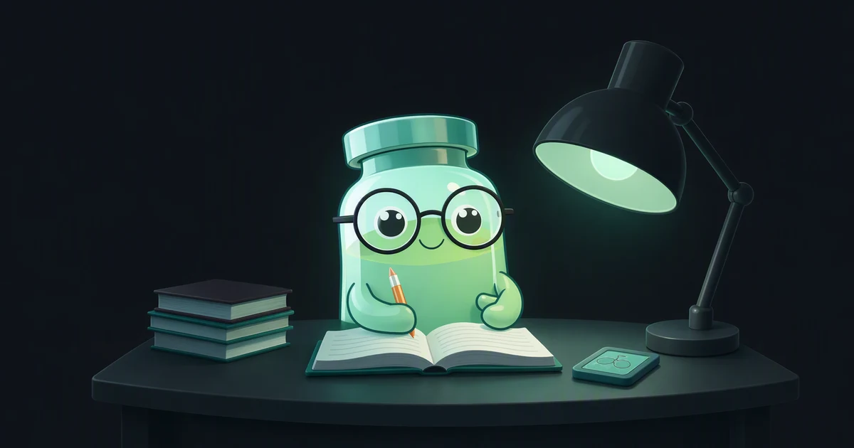 Peptide vial mascot studying at a desk with books and a notepad