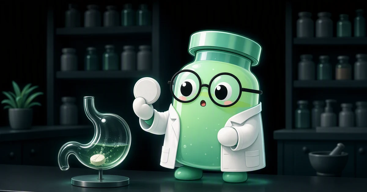 La mascota frasco de péptidos con bata de laboratorio en el mostrador de una farmacia sostiene un comprimido blanco junto a un modelo de vidrio de un estómago con un comprimido disolviéndose dentro