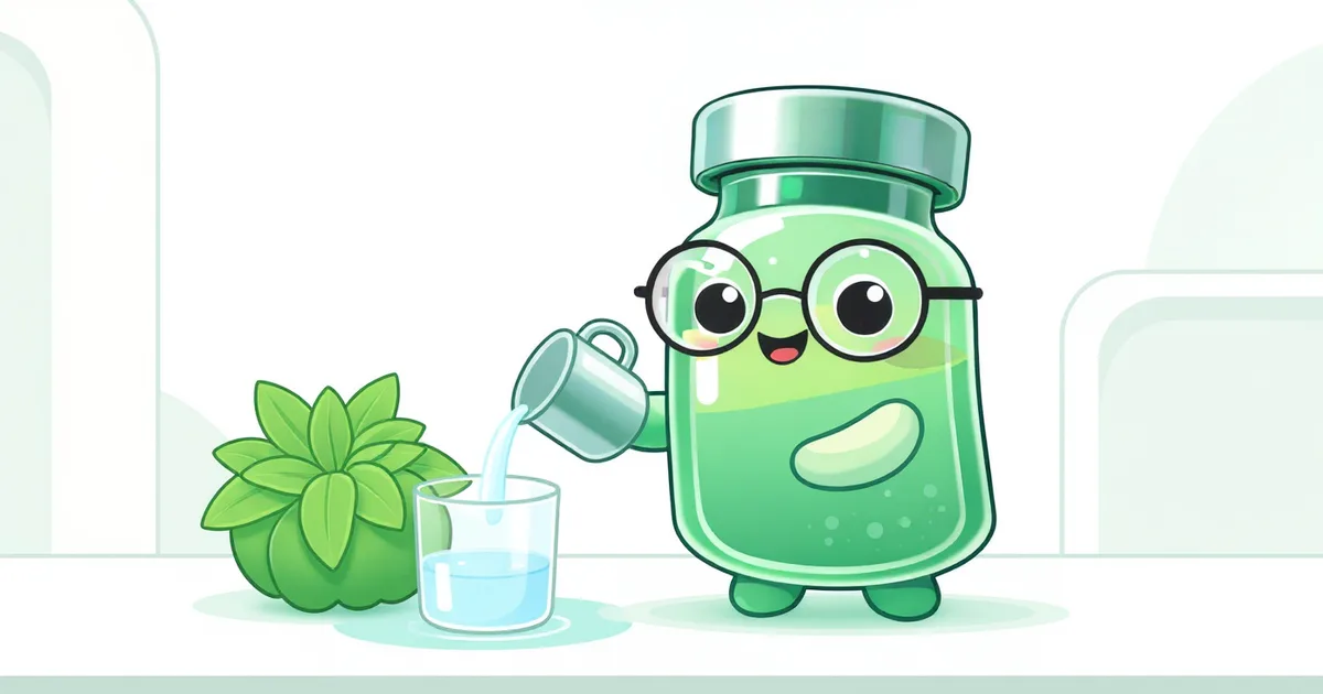 debloat protocol builder -- peptide vial mascot watering a glass with aloe plant