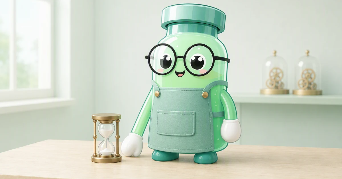 Peptide vial mascot as a watchmaker in a mint apron standing at a pale workbench, one mitten hand resting on the bench beside a small brass hourglass, both arms attached and hanging at his sides