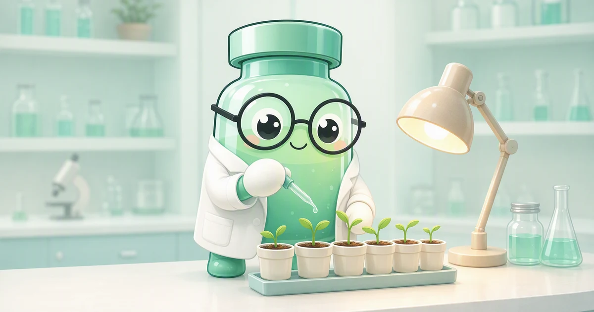Peptide mascot in a white lab coat tending a row of small potted sprouts on a laboratory bench under a warm lamp, in a softly blurred mint and sage lab