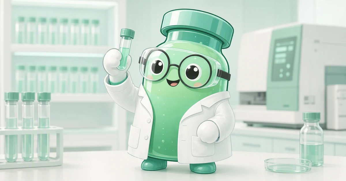 Peptide mascot in a laboratory coat beside a rack of sample tubes and an analytical instrument