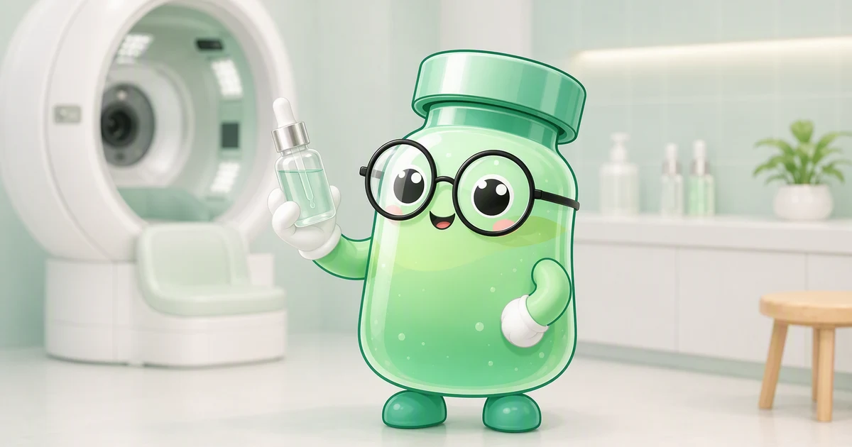 O mascote frasco de peptídeos em uma sala de análise dermatológica examinando um conta-gotas de sérum, com uma cabine de imagem da pele desfocada ao fundo