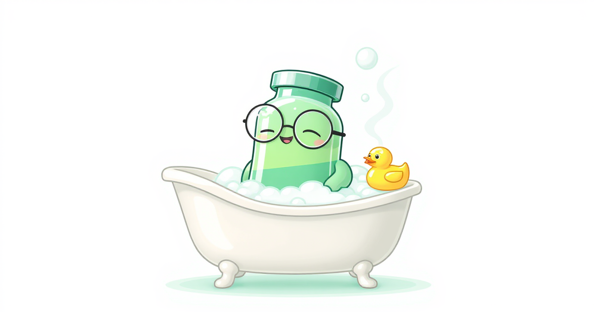 Peptides Academy mascot relaxing happily in a bubbly bathtub with a rubber duck