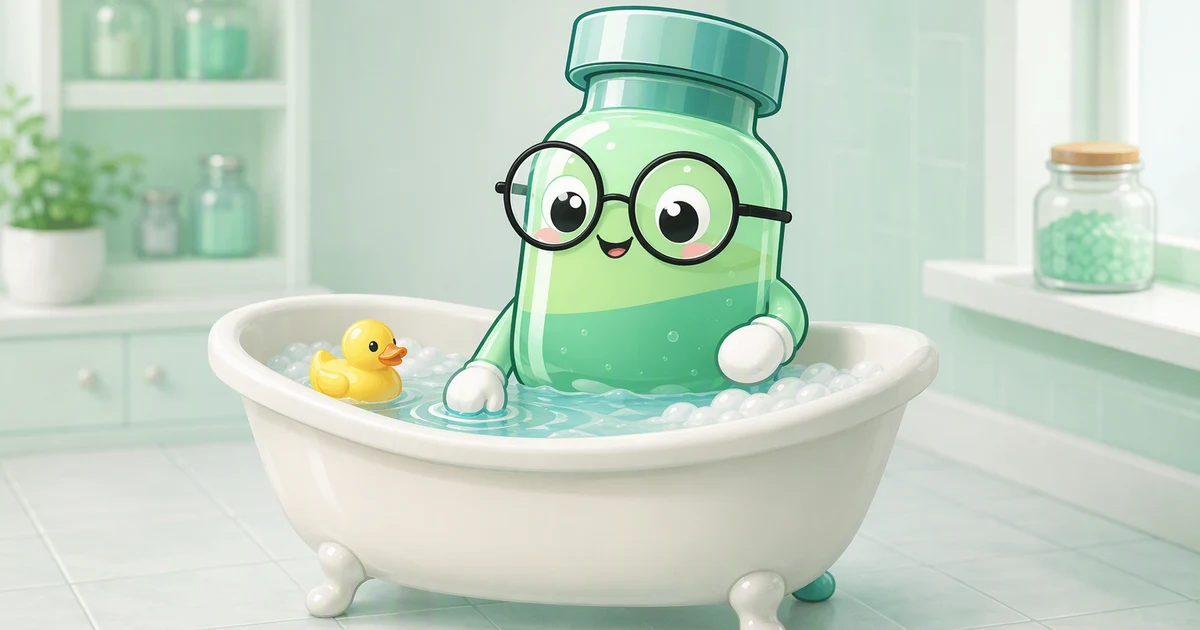 Peptides Academy mascot relaxing happily in a bubbly bathtub with a rubber duck