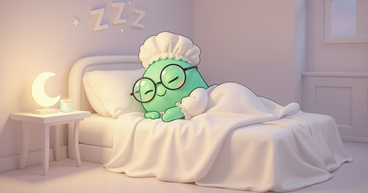 eating before bed guide -- peptide vial mascot in a nightgown tucked into bed