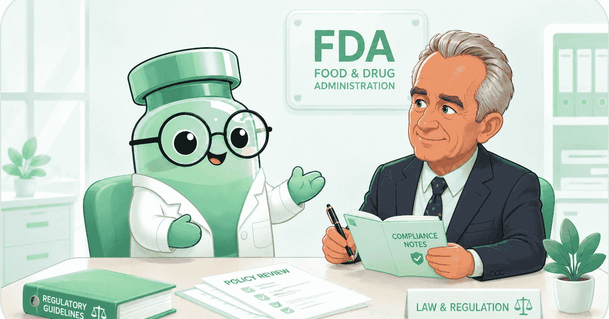 Ilustração do mascote frasco da Peptides Academy de jaleco, sentado à mesa em frente a uma caricatura de Robert F. Kennedy Jr., que lê um folheto com anotações de conformidade, sob uma placa da FDA